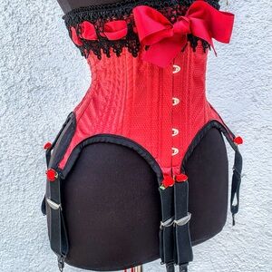 Red Pleather Steel Boned Handmade  Cincher Corset Garters Perfect gift size 24”
